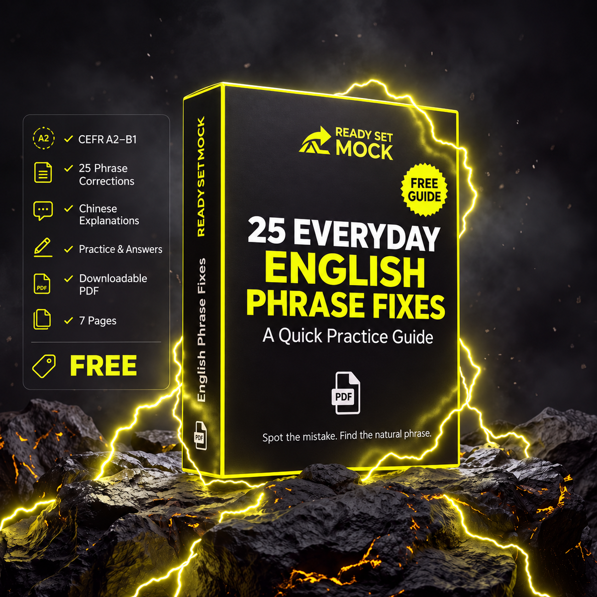 Free 25 Everyday English Phrase Fixes digital PDF, A2–B1, Chinese explanations, 7 pages